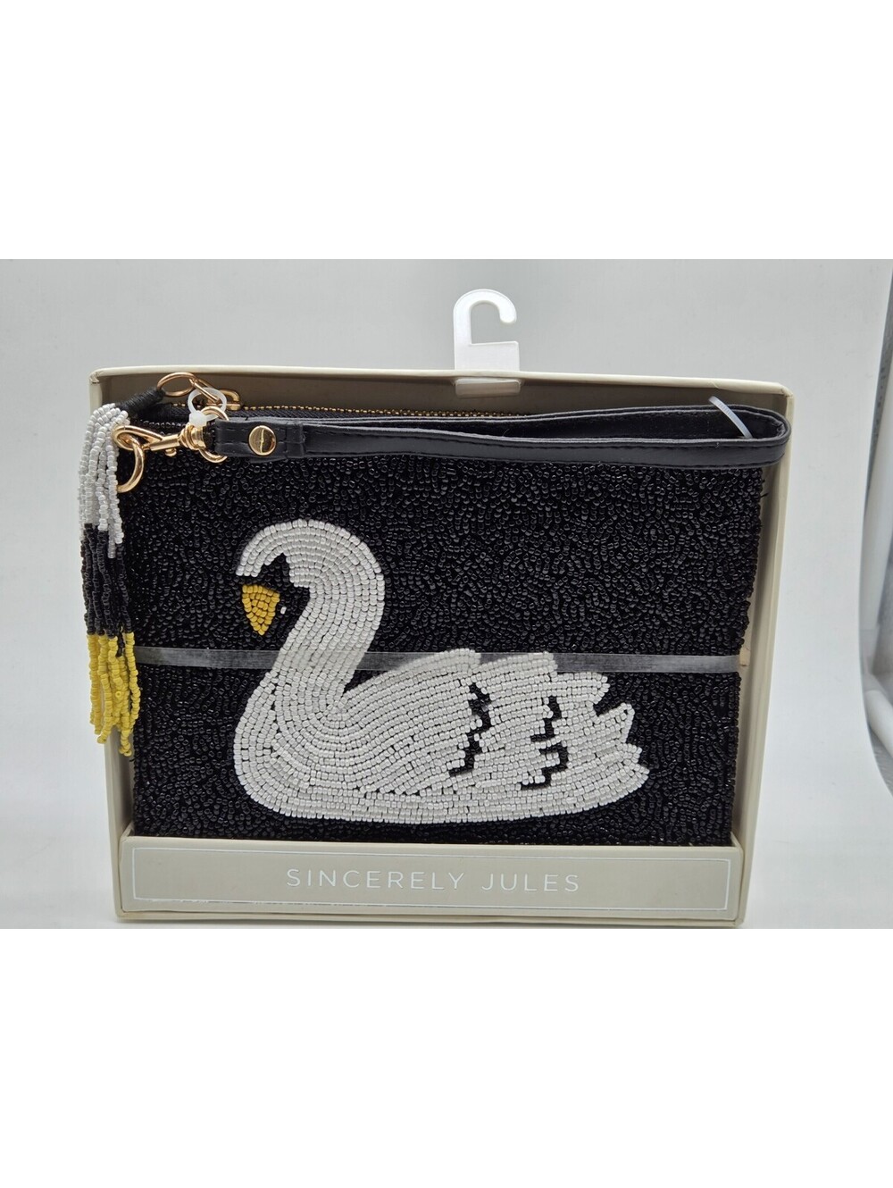 Sincerely Jules Black Beaded Swan Wristlet Clutch Pouch Bag NWT Tassel Zip